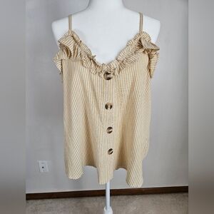 By Together Pinstripe Ruffle Neck Crop Top Adj Strap Buttons Yellow Boho